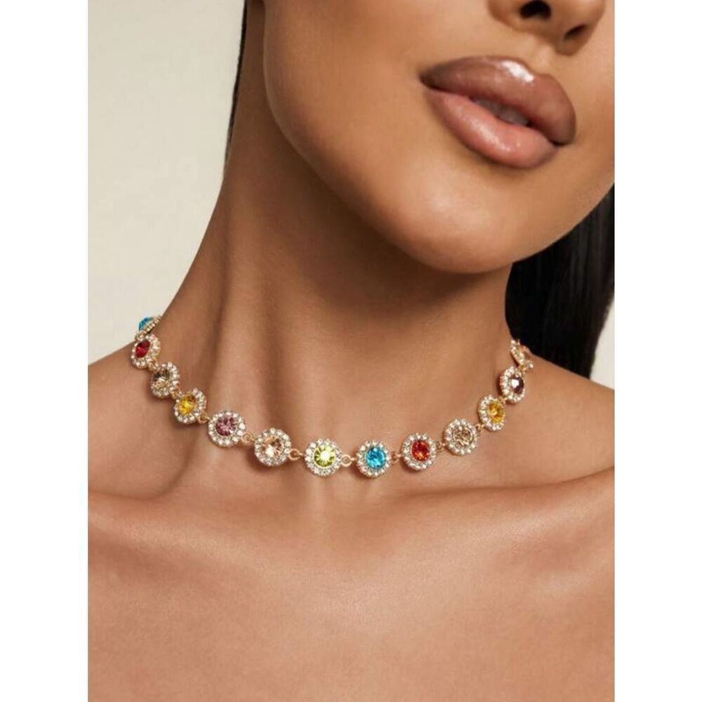 Gold Multicolor Crystal Tennis Necklace 
 R511